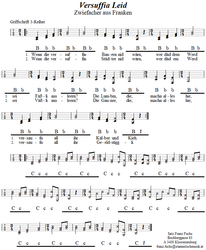 Versuffia Leid, Zwiefacher in Griffschrift fr Steirische Harmonika. 
Bitte klicken, um die Melodie zu hren.