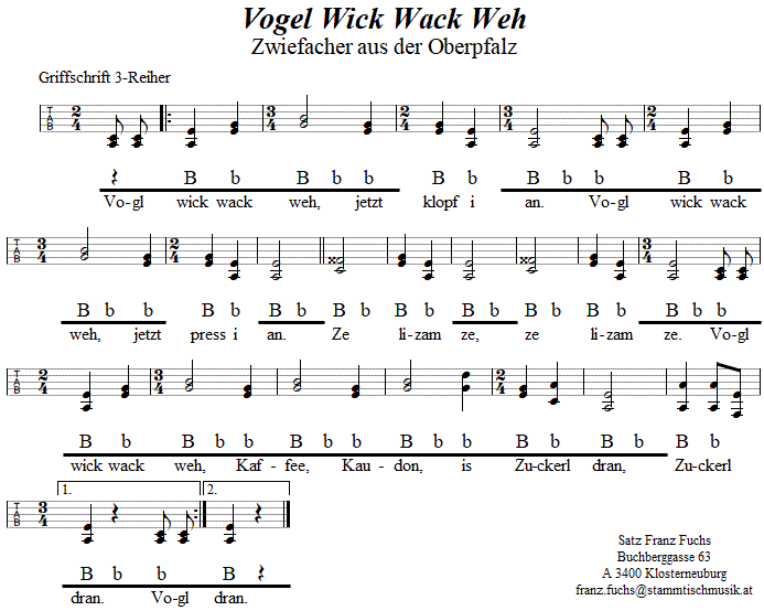 Vogel Wick Wack Weh, Zwiefacher in Griffschrift für Steirische Harmonika. 
Bitte klicken, um die Melodie zu hören.