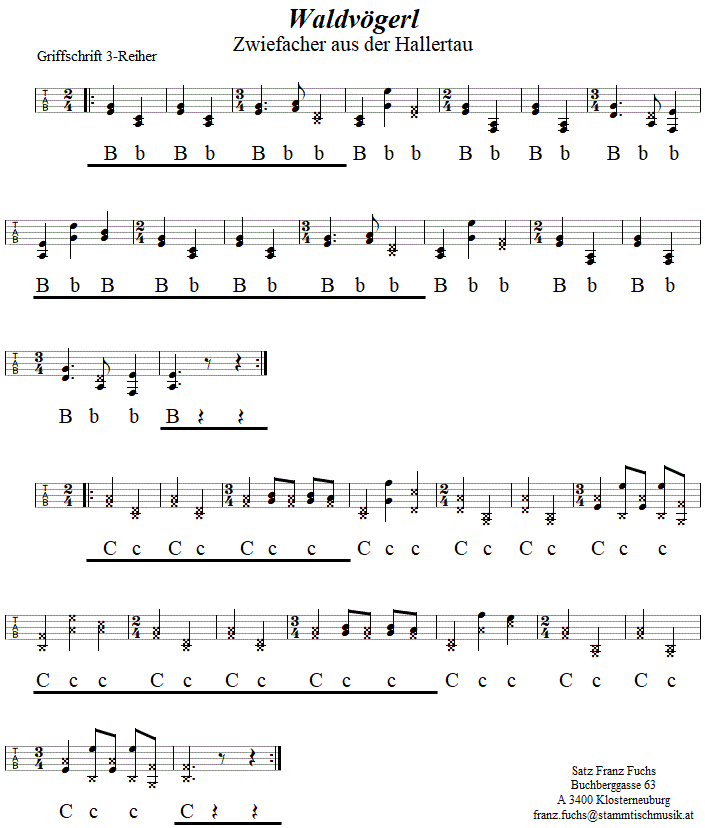 Waldvgerl, Zwiefacher in Griffschrift fr Steirische Harmonika. 
Bitte klicken, um die Melodie zu hren.