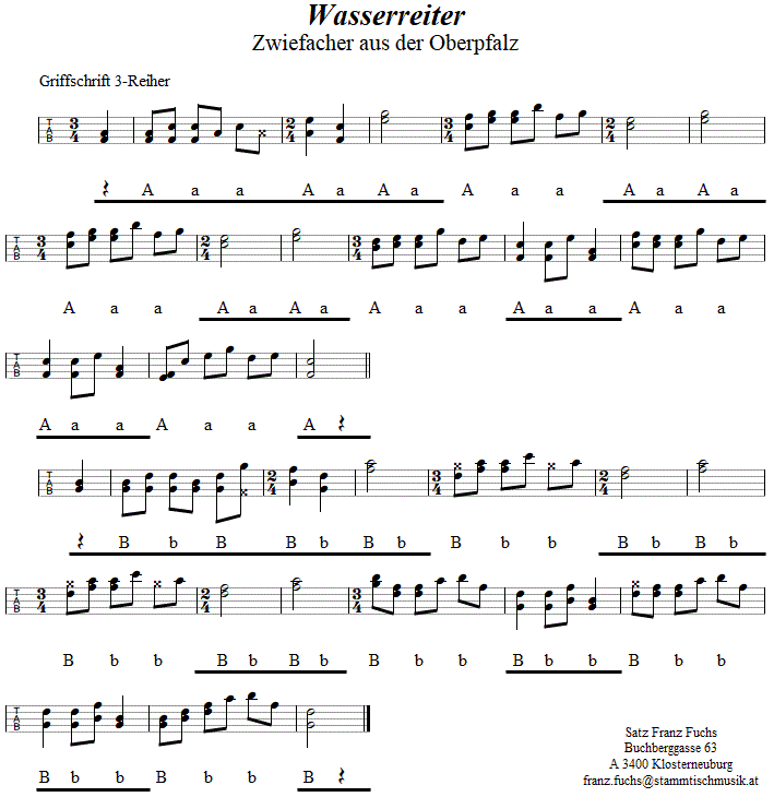 Wasserreiter, Zwiefacher in Griffschrift für Steirische Harmonika. 
Bitte klicken, um die Melodie zu hören.