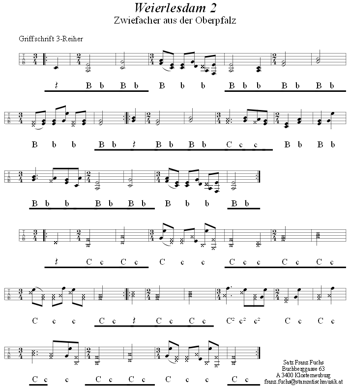 Weierlesdam 2 Zwiefacher in Griffschrift für Steirische Harmonika. 
Bitte klicken, um die Melodie zu hören.