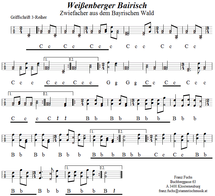 Weißenberger Bairisch, Zwiefacher in Griffschrift für Steirische Harmonika. 
Bitte klicken, um die Melodie zu hören.