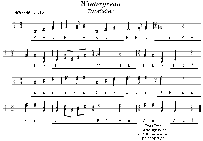 Wintergrean- Zwiefacher in Griffschrift für Steirische Harmonika. 
Bitte klicken, um die Melodie zu hören.