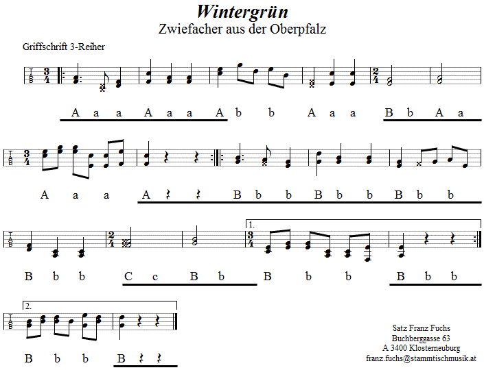 Wintergrün, Zwiefacher in Griffschrift für Steirische Harmonika. 
Bitte klicken, um die Melodie zu hören.