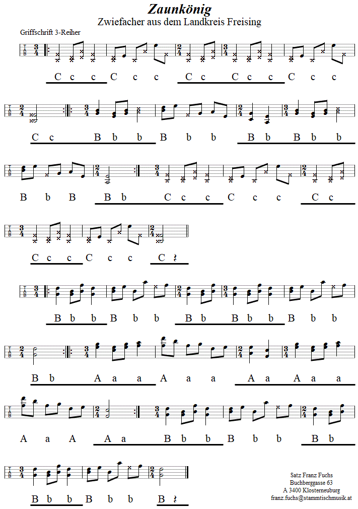 Zaunknig, Zwiefacher in Griffschrift fr Steirische Harmonika. 
Bitte klicken, um die Melodie zu hren.