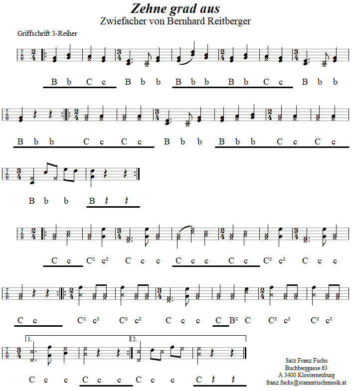 Zehne grad aus, Zwiefacher von Bernhard Reitberger in zweistimmigen Noten. 
Bitte klicken, um die Melodie zu hren.