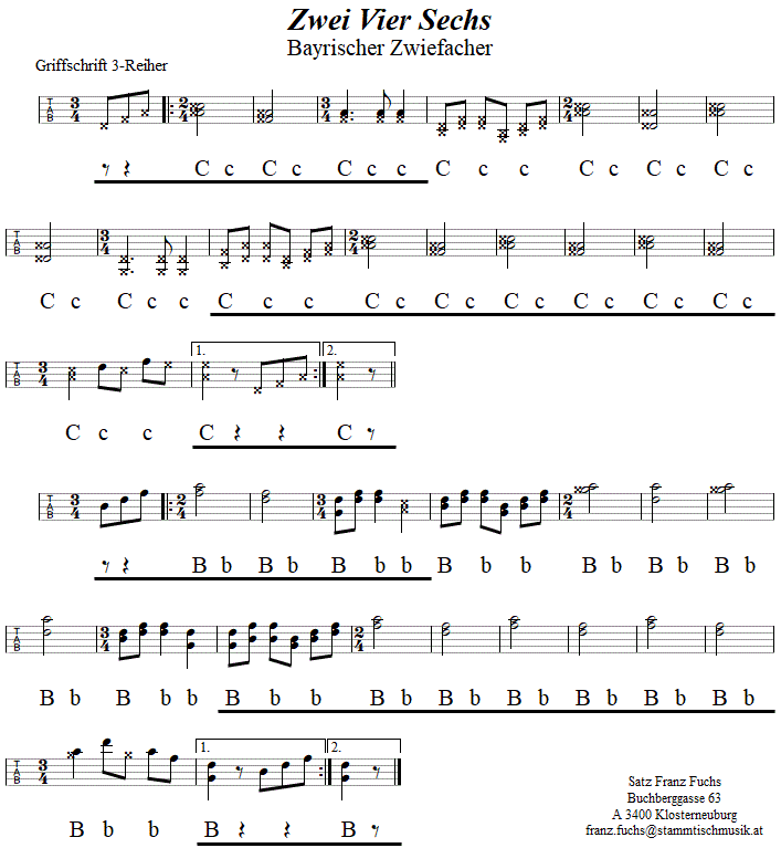 Zwei Vier Sechs, Zwiefacher in Griffschrift für Steirische Harmonika. 
Bitte klicken, um die Melodie zu hören.