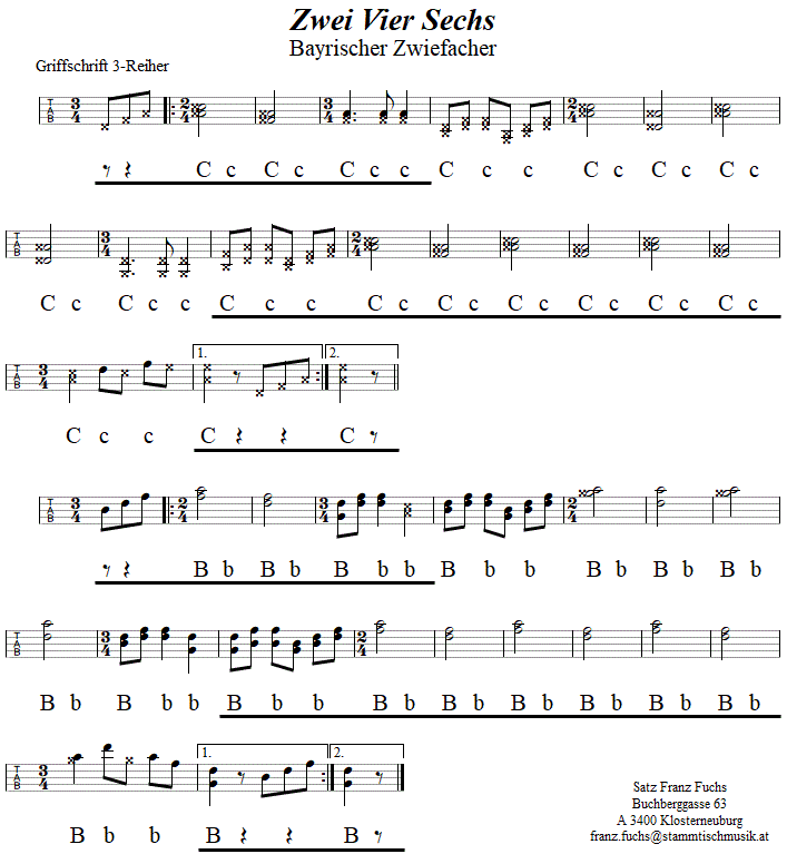 Zwei Vier Sechs, Zwiefacher in Griffschrift fr Steirische Harmonika. 
Bitte klicken, um die Melodie zu hren.