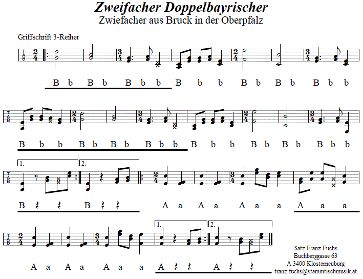 Zweifacher Doppelbayrischer - Zwiefacher in Griffschrift für Steirische Harmonika. 
Bitte klicken, um die Melodie zu hören.