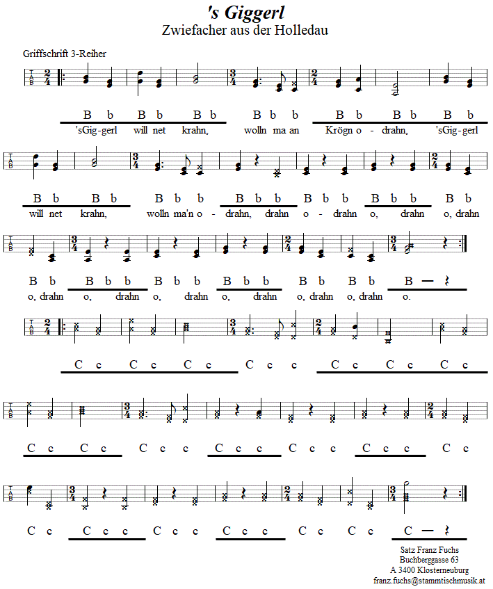 's Giggerl, Zwiefacher in Griffschrift fr Steirische Harmonika. 
Bitte klicken, um die Melodie zu hren.