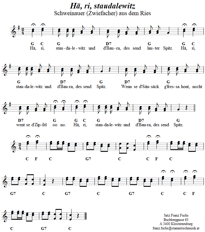 H, ri, staudalewitz, Schweinauer (Zwiefacher) in zweistimmigen Noten. 
Bitte klicken, um die Melodie zu hren.