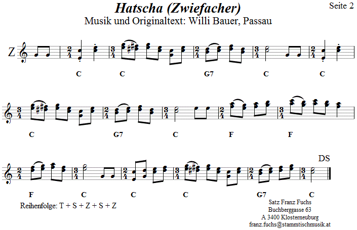 Hatscha, Zwiefacher von Willi Bauer in zweistimmigen Noten, Seite 2. 
Bitte klicken, um die Melodie zu hören.
