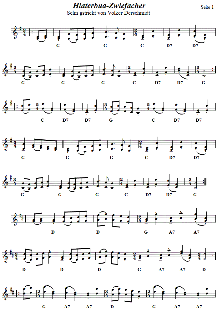 Hiaterbua, Zwiefacher in zweistimmigen Noten, Seite 1. 
Bitte klicken, um die Melodie zu hören.