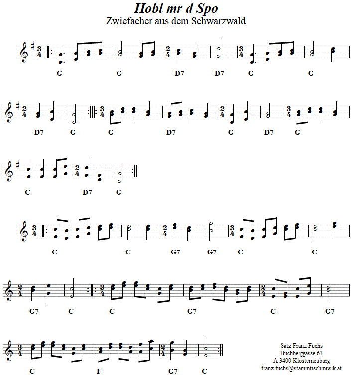 Hobl mr d Spo Zwiefacher in zweistimmigen Noten. 
Bitte klicken, um die Melodie zu hren.