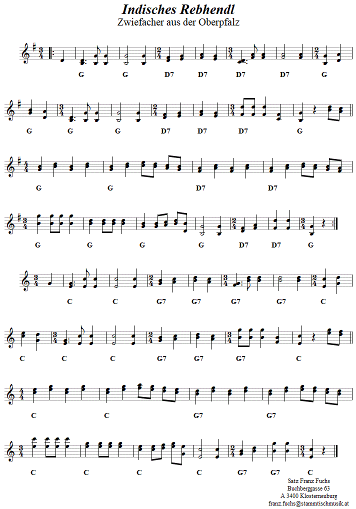 Indisches Rebhendl, Driefacher in zweistimmigen Noten. 
Bitte klicken, um die Melodie zu hren.