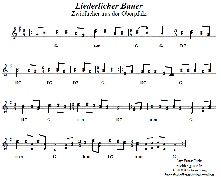 Liederlicher Bauer Zwiefacher in zweistimmigen Noten. 
Bitte klicken, um die Melodie zu hören.