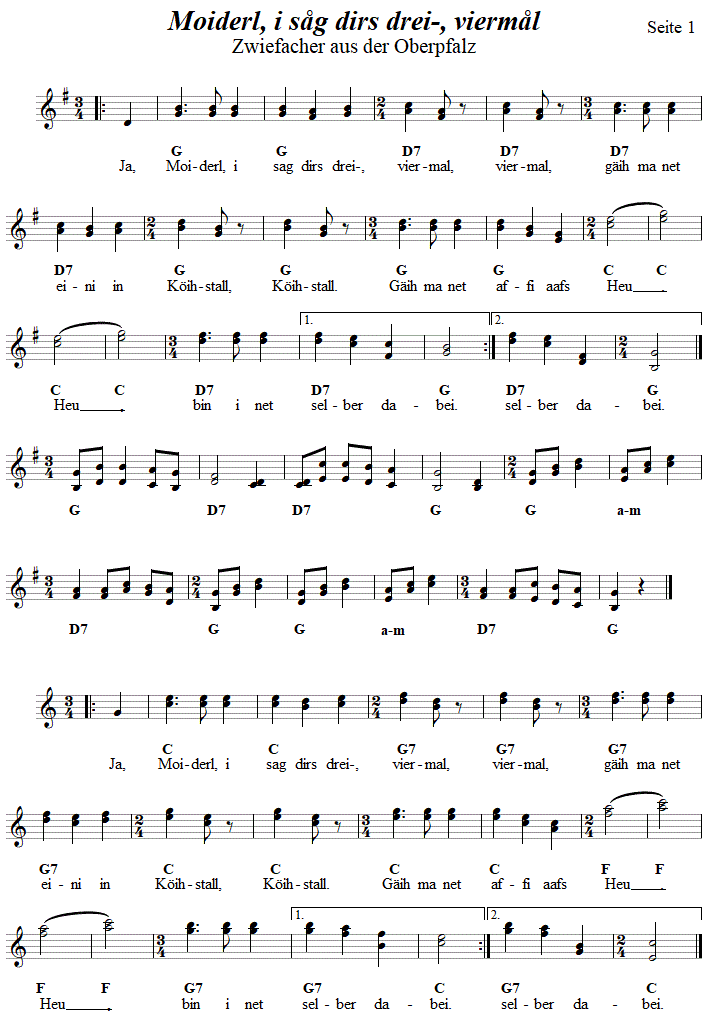 Moiderl, i sg dirs drei- vierml, Zwiefacher in zweistimmigen Noten. 
Bitte klicken, um die Melodie zu hren.