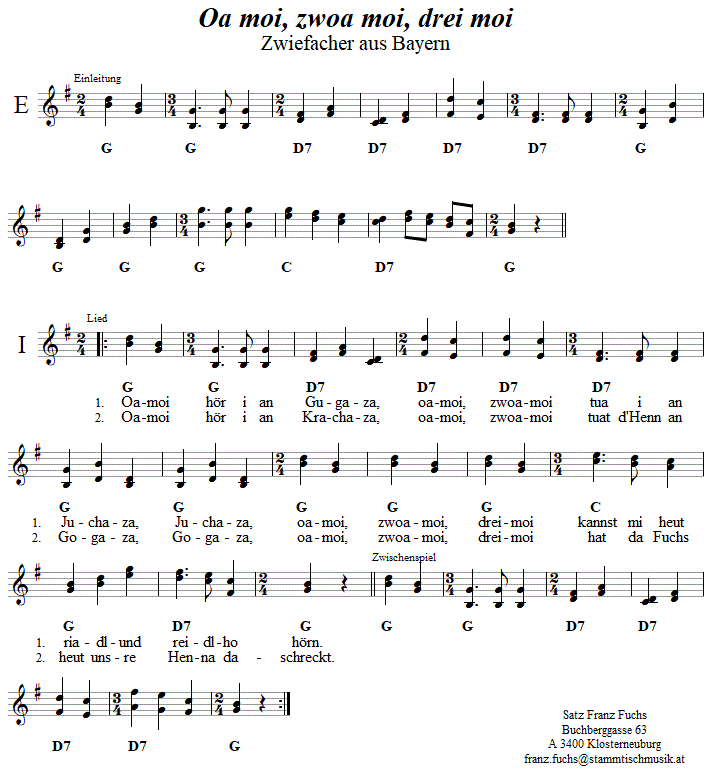 Oa moi, zwoa moi, drei moi Zwiefacher in zweistimmigen Noten. 
Bitte klicken, um die Melodie zu hren.