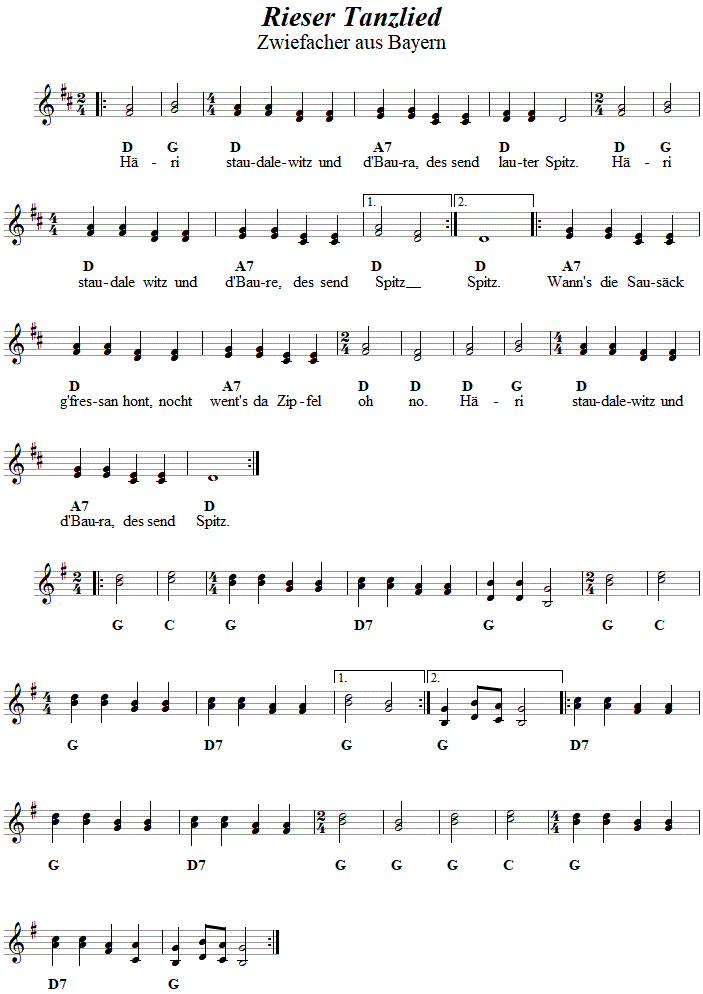 Rieser Tanzlied - Zwiefacher in zweistimmigen Noten. 
Bitte klicken, um die Melodie zu hren.