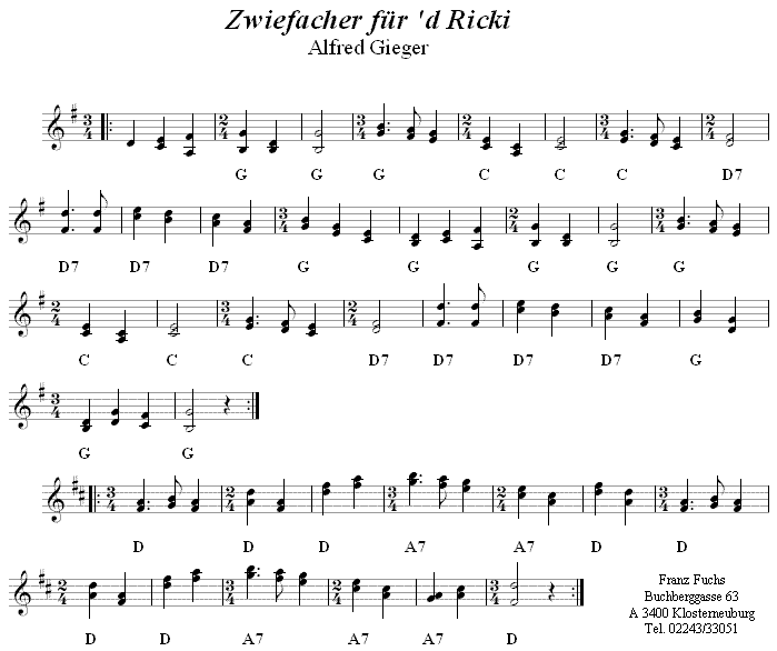 Zwiefacher für d Ricki von Alfred Gieger in zweistimmigen Noten. 
Bitte klicken, um die Melodie zu hören.