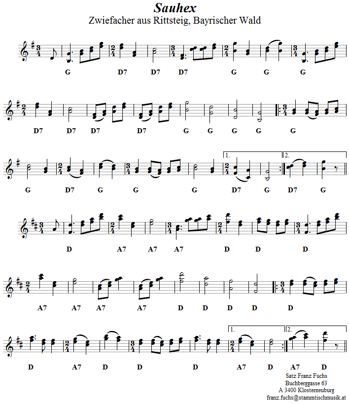 Sauhex - Zwiefacher in zweistimmigen Noten. 
Bitte klicken, um die Melodie zu hören.