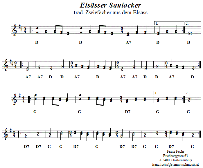 Saulocker aus dem Elsass - Zwiefacher in zweistimmigen Noten. 
Bitte klicken, um die Melodie zu hören.