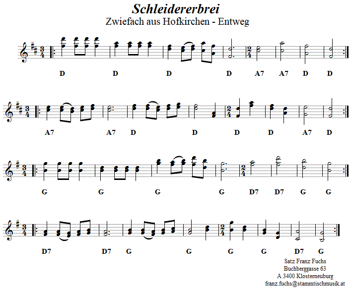 Schleidererbrei, Zwiefacher in zweistimmigen Noten. 
Bitte klicken, um die Melodie zu hören.
