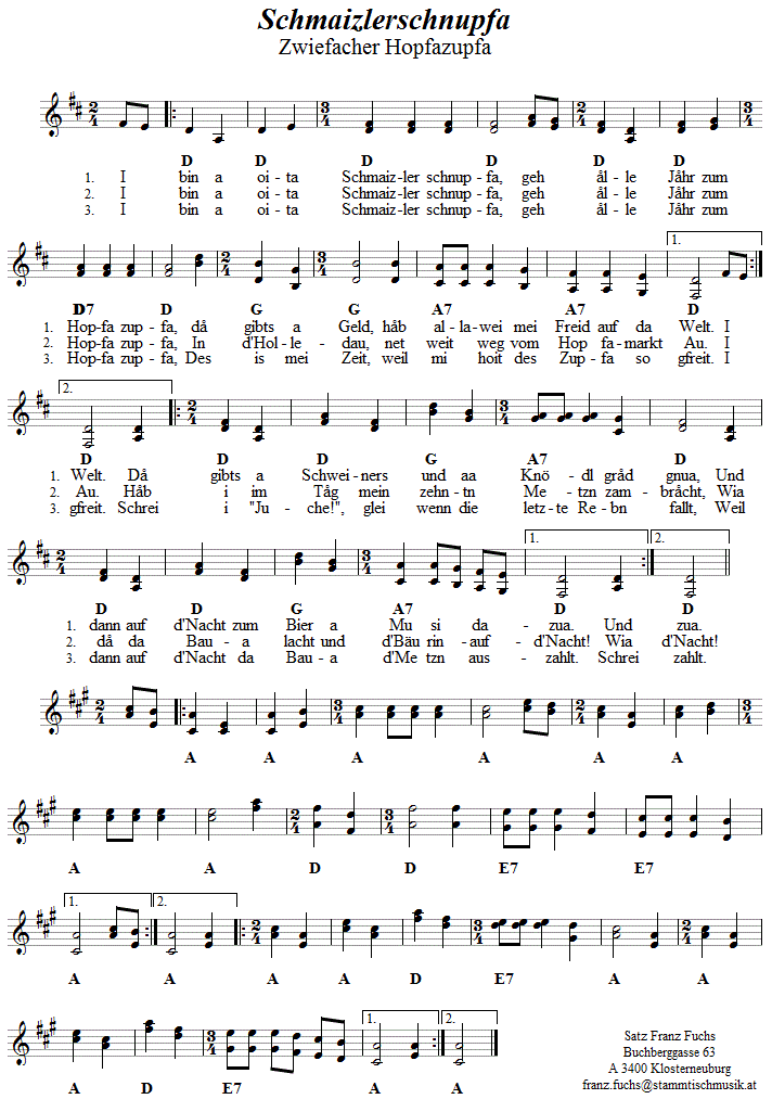 Schmaizlerschnupfa (Hopfazupfa), Zwiefacher in zweistimmigen Noten. 
Bitte klicken, um die Melodie zu hören.