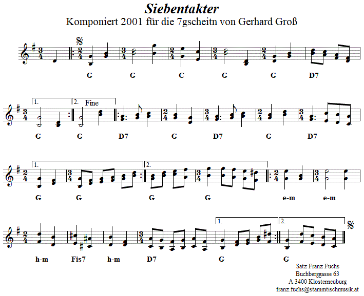 Siebentakter, Zwiefacher von Gerhard Gro in zweistimmigen Noten. 
Bitte klicken, um die Melodie zu hren.