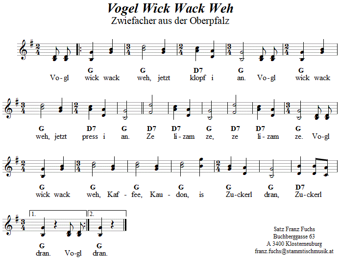 Vogel Wick Wack Weh, Zwiefacher in zweistimmigen Noten. 
Bitte klicken, um die Melodie zu hören.
