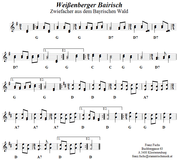 Weißenberger Bairisch, Zwiefacher in zweistimmigen Noten. 
Bitte klicken, um die Melodie zu hören.