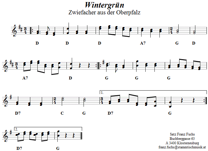 Wintergrün, Zwiefacher in zweistimmigen Noten. 
Bitte klicken, um die Melodie zu hören.