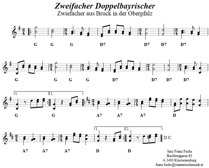 Zweifacher Doppelbayrischer - Zwiefacher in zweistimmigen Noten. 
Bitte klicken, um die Melodie zu hren.